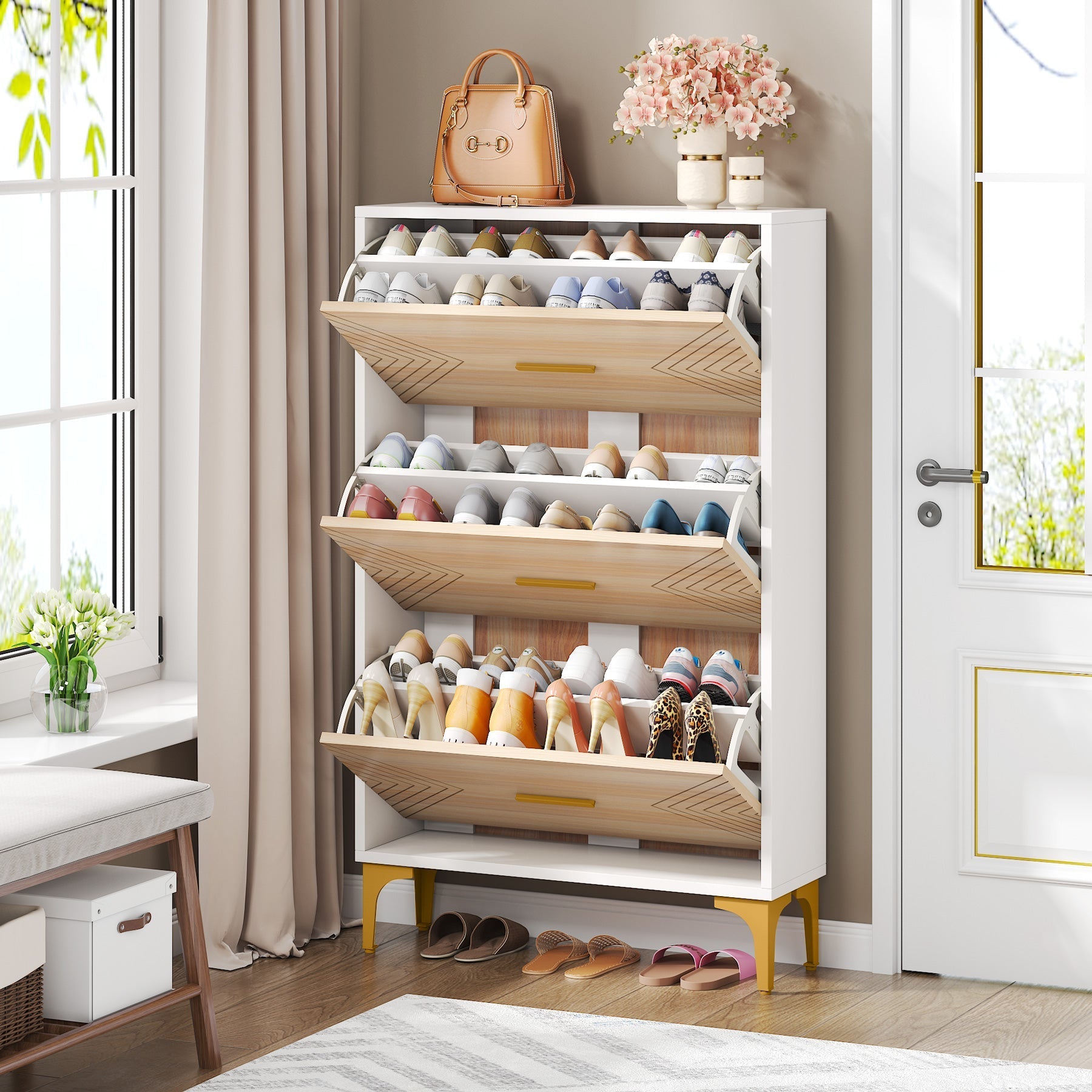 Slim Shoe Cabinet, Hidden Shoe Rack Organizer with 3 Flip Drawers Tribesigns
